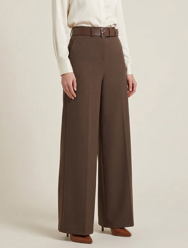 Gerade geschnittene, einfarbige Hose mit hoher Taille - Braun