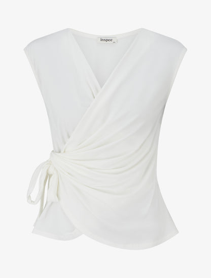 Top uni sans manches à col cache coeur - Blanc - 1