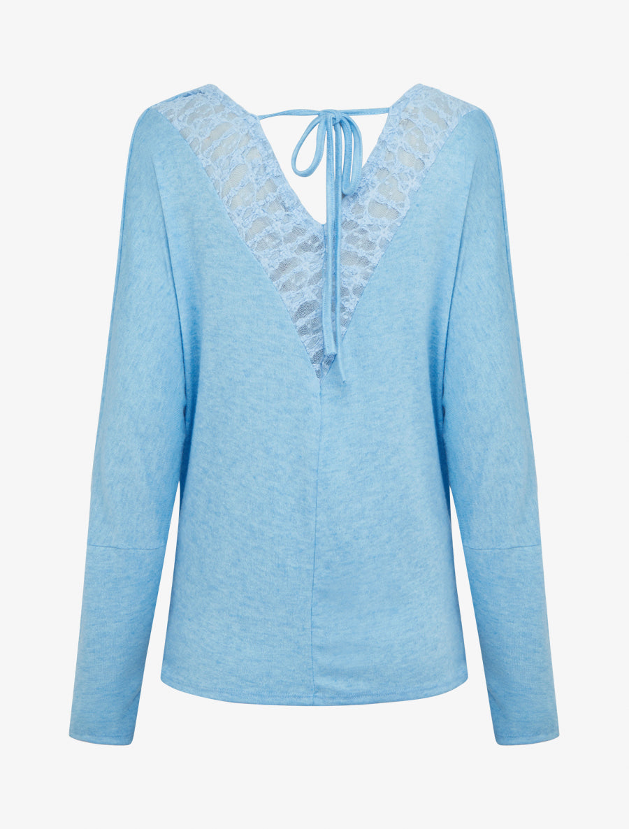 Pull fin uni à empiècement dentelle au dos - Bleu ciel - 2