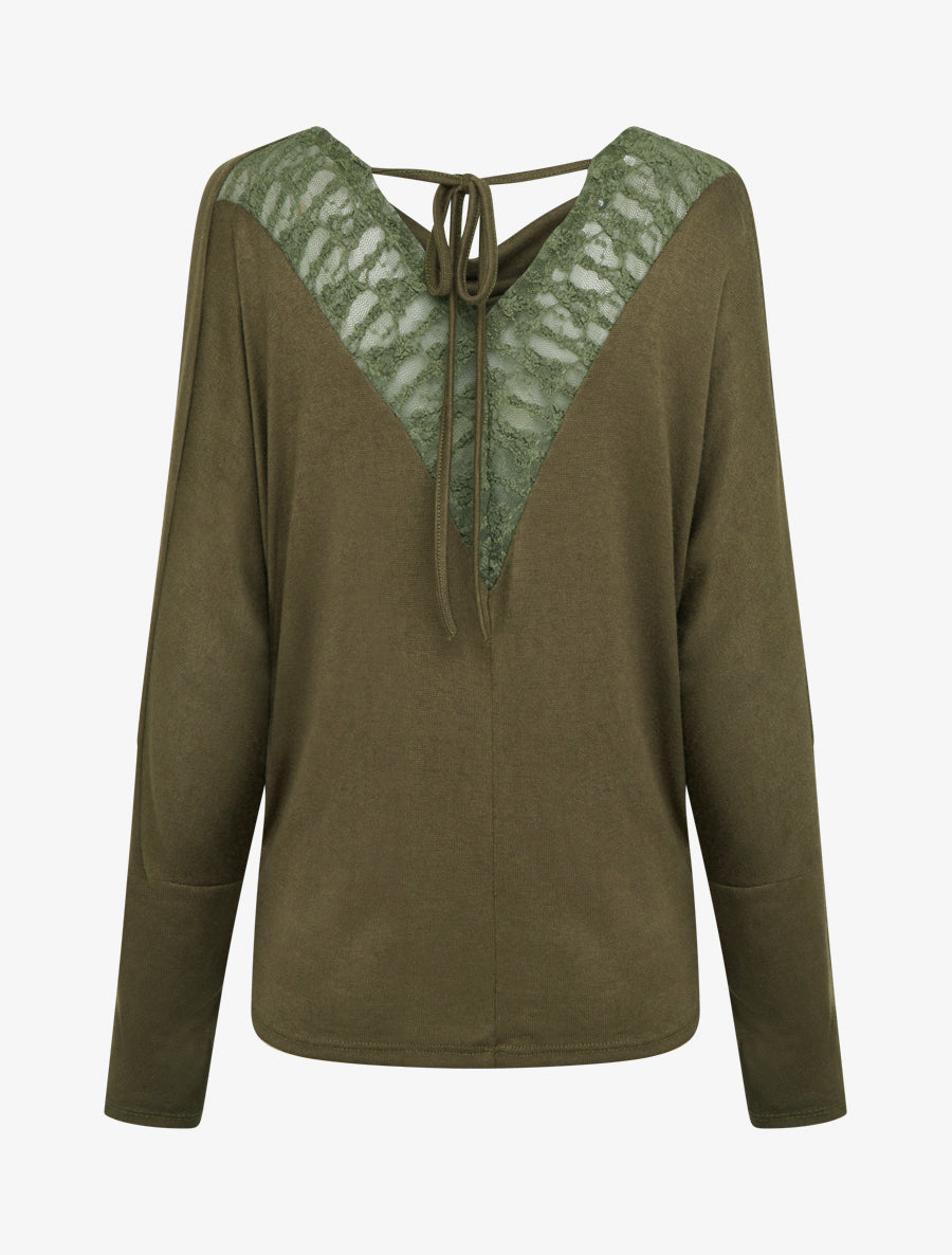 Pull fin uni à empiècement dentelle au dos - Kaki - 2