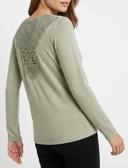 Gestickter Rückenpullover mit Wasserfallausschnitt - Kaki