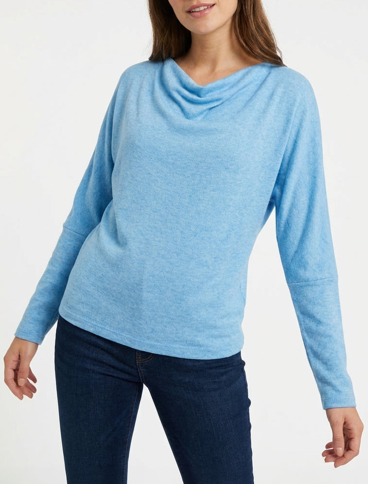 Feiner einfarbiger Pullover mit Wasserfallausschnitt - Himmelblau