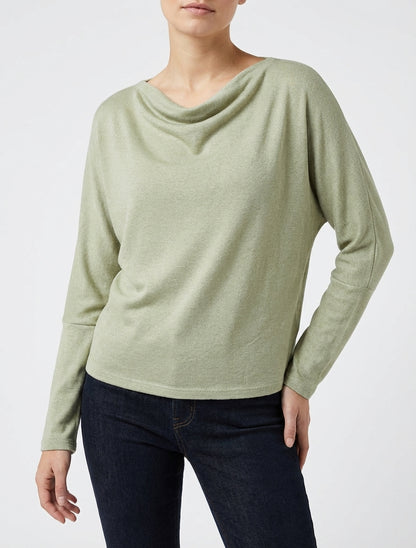 Feiner einfarbiger Pullover mit Wasserfallausschnitt - Kaki