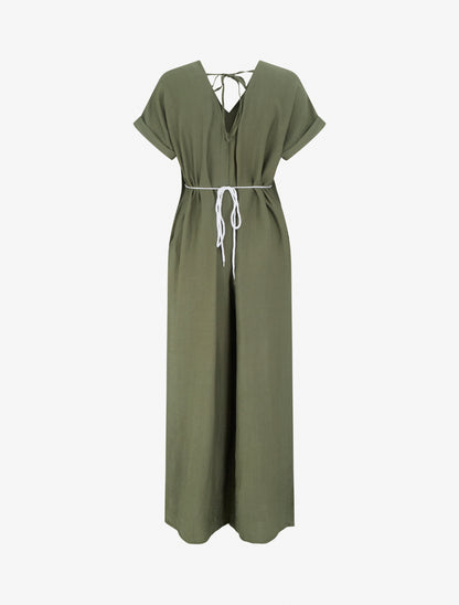 Combinaison ample à manches courtes et ceinture perlée - Kaki - 2