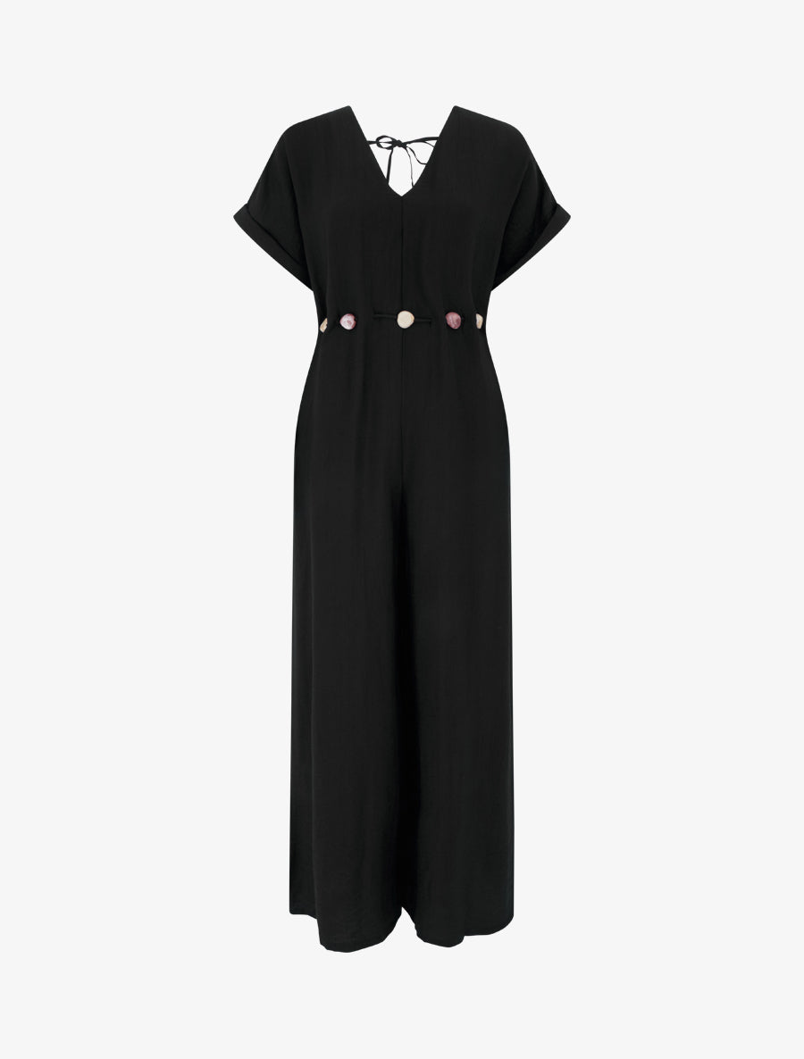 Combinaison ample à manches courtes et ceinture perlée - Noir - 1
