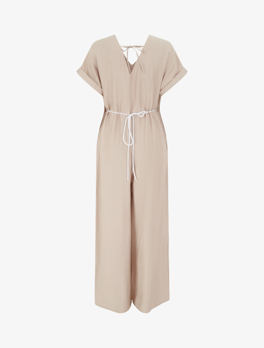 Combinaison ample à manches courtes et ceinture perlée - Beige - 2