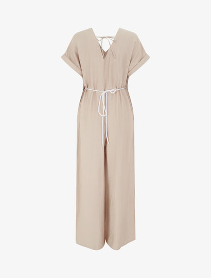 Combinaison ample à manches courtes et ceinture perlée - Beige - 2