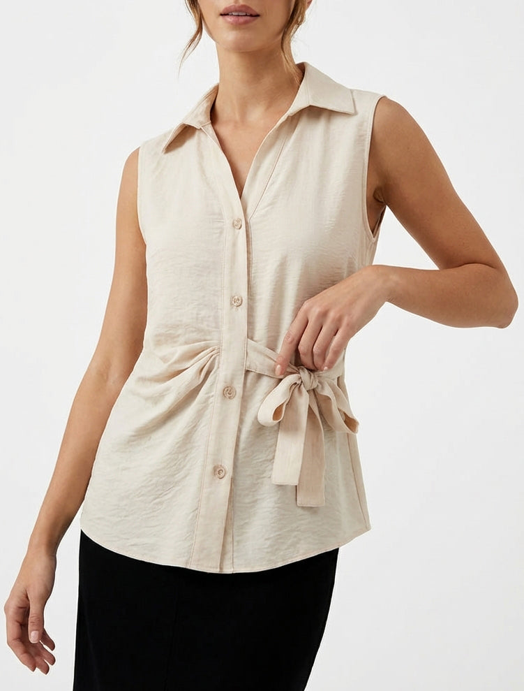Ärmellose Bluse mit Drapierungseffekt - Beige