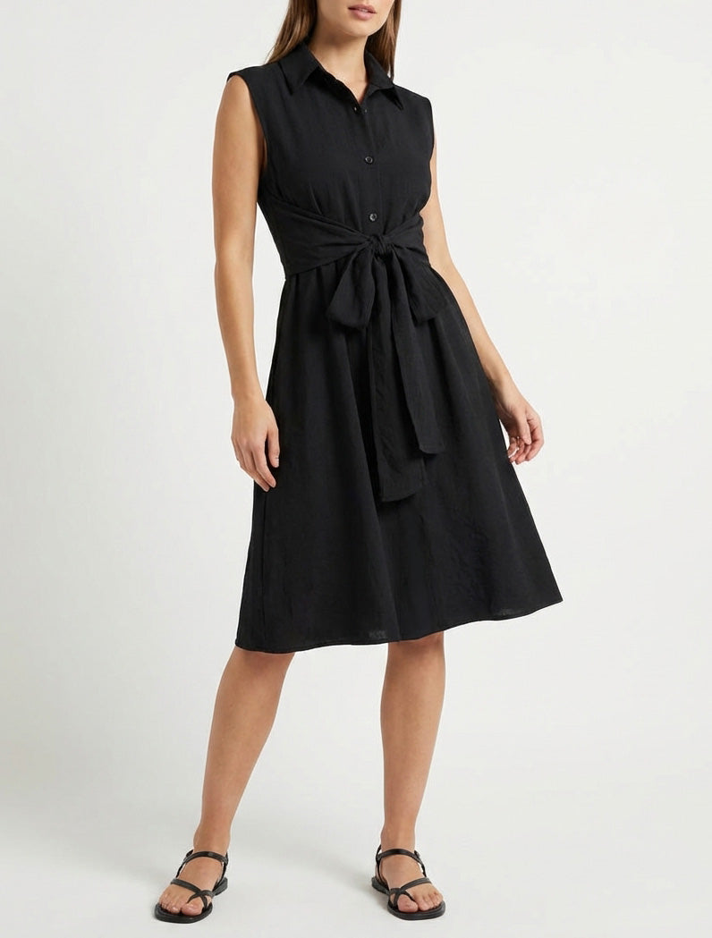 Ärmelloses Hemdkleid mit Bindebändern - Schwarz