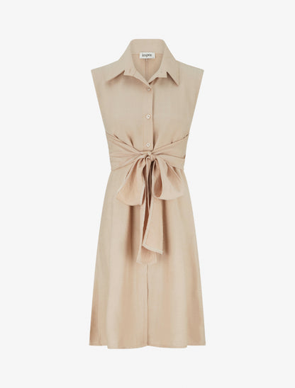 Robe chemise sans manches à liens à nouer - Beige - 1