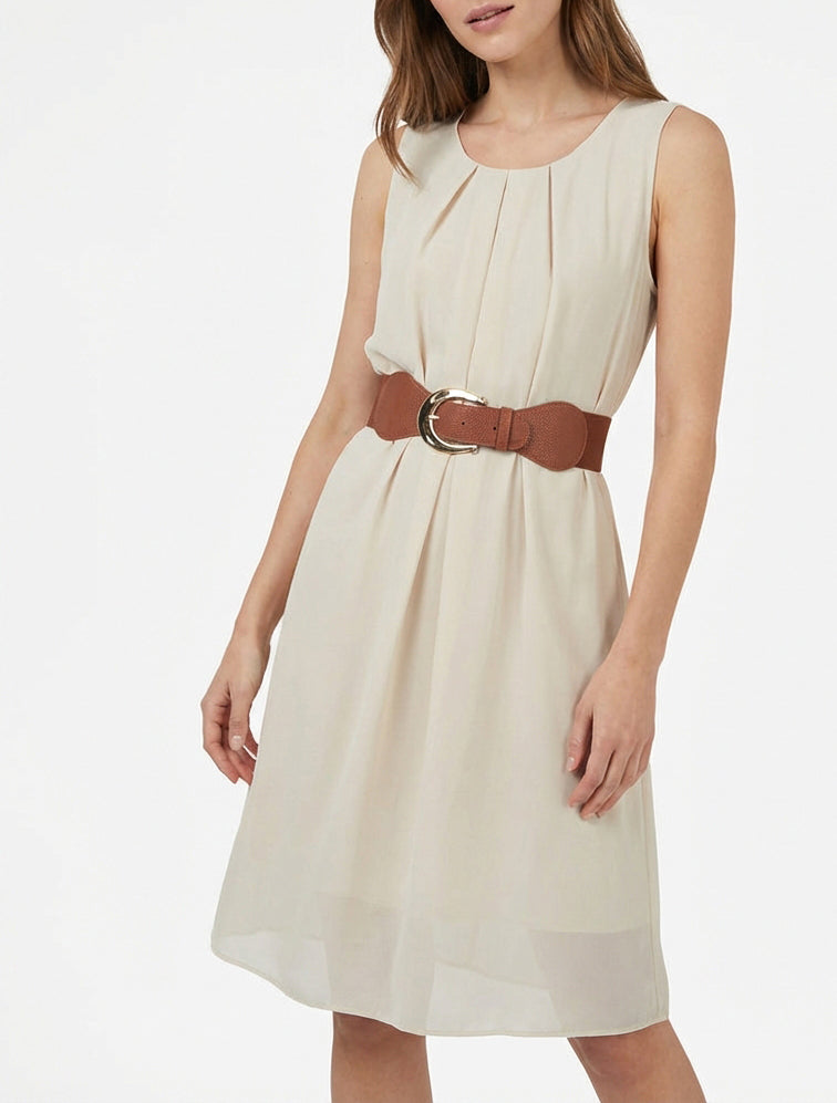 Ärmelloses Kleid aus einfarbigem Voile - Beige