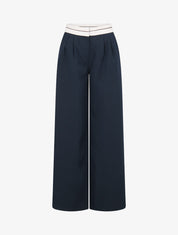 Pantalon wide leg à taille contrastante - Marine - 1