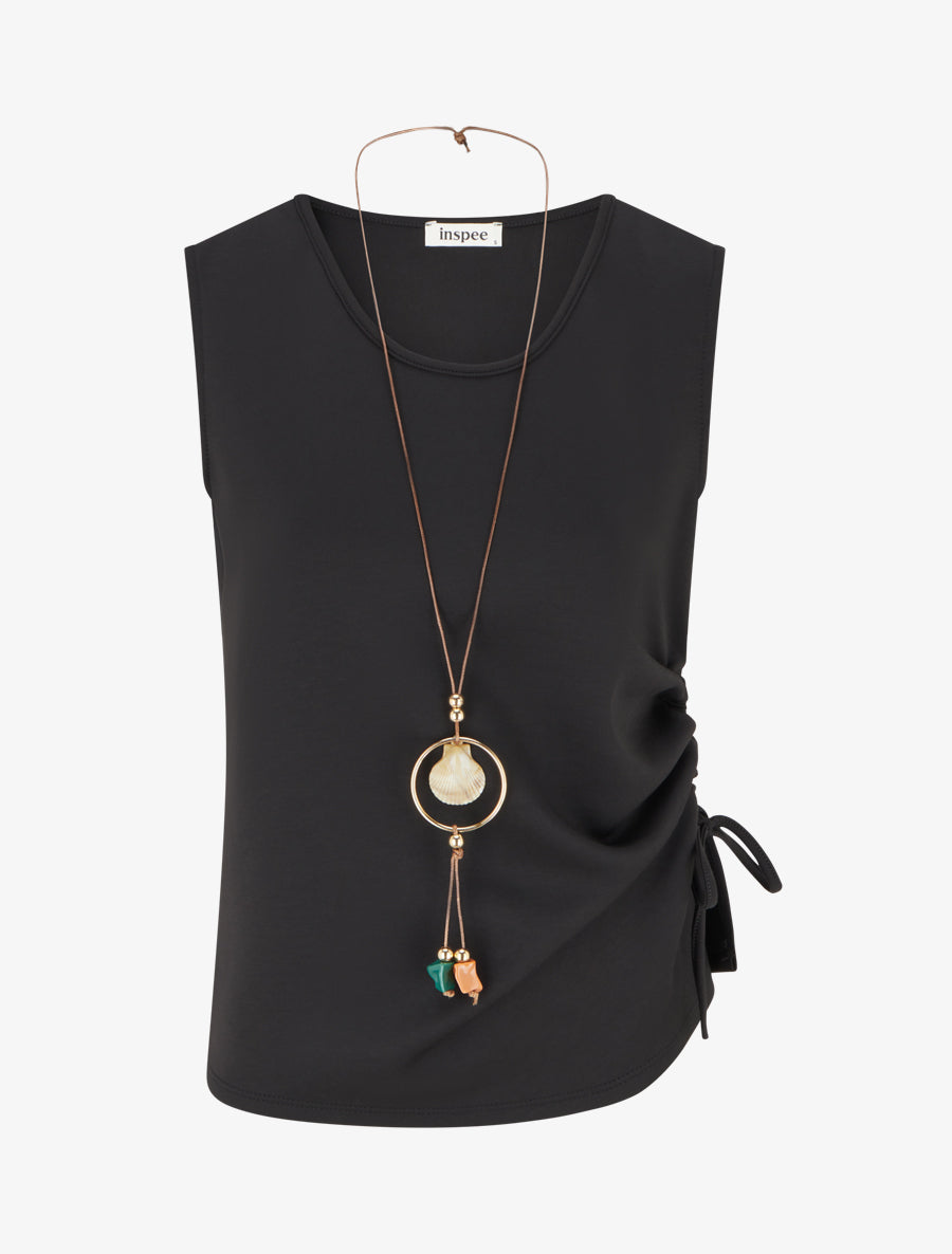 Top froncé sans manches à col rond - Noir - 1