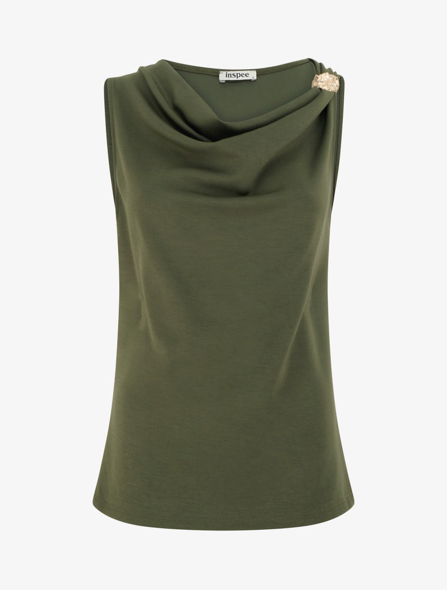 Top sans manches à col bénitier et bijou - Kaki - 1