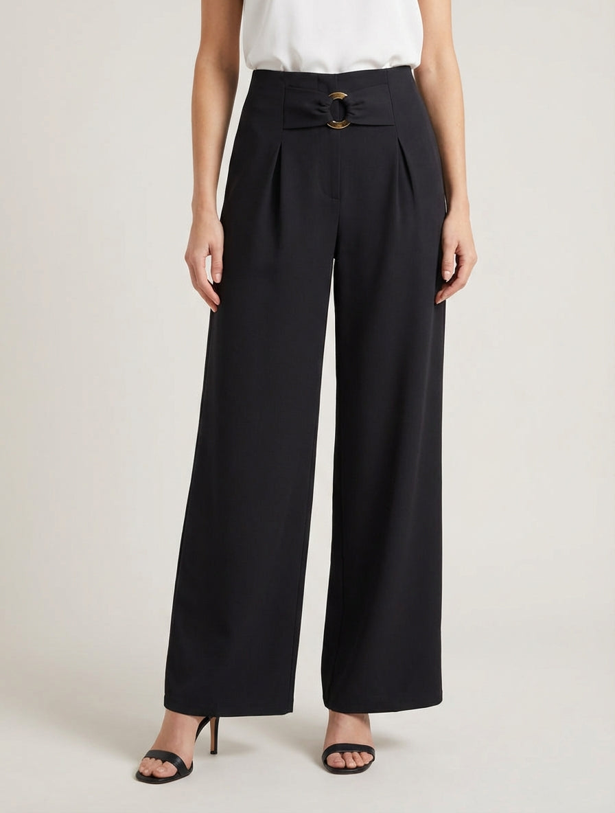 Weit geschnittene Hose mit hohem Bund und Zierschnalle - Schwarz