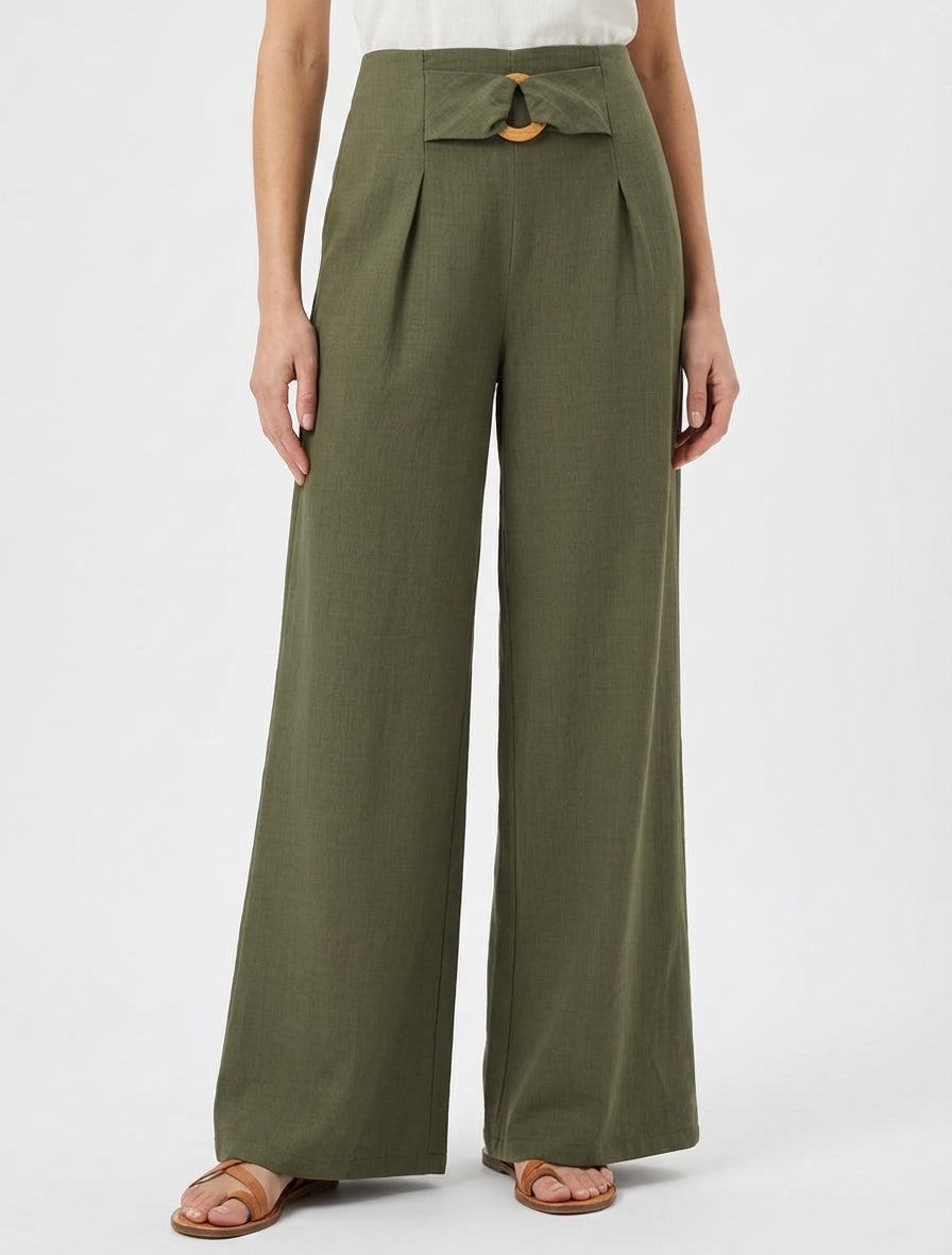 Weit geschnittene Hose mit hohem Bund und Zierschnalle - Kaki