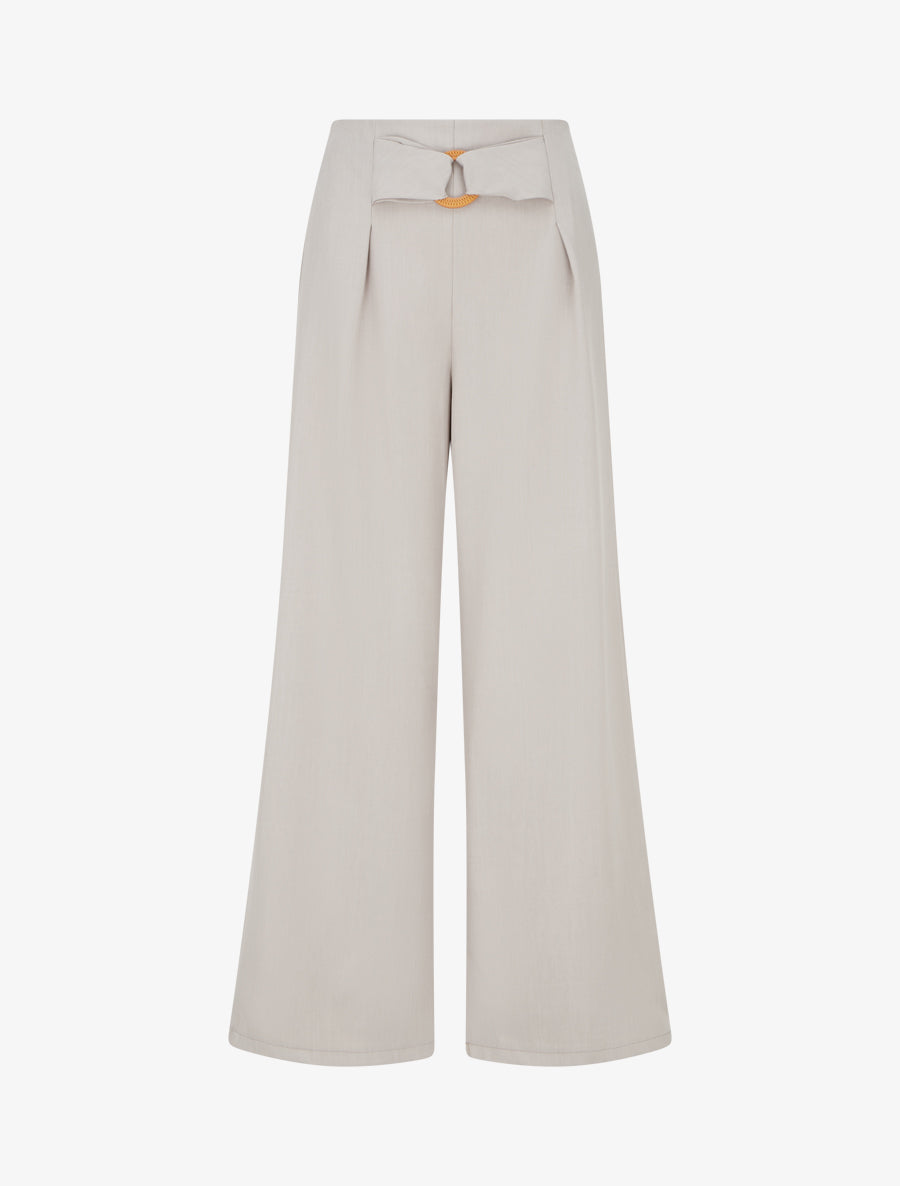 Pantalon ample à taille haute à boucle fantaisie - Beige - 1