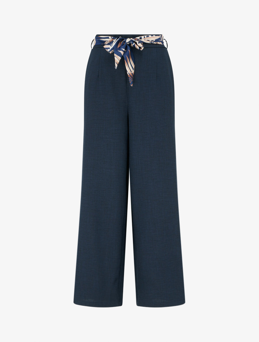 Pantalon droit ceinturé effet lin - Marine - 1
