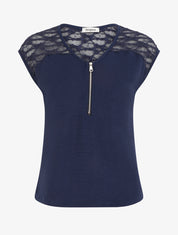 Top droit à zip et dentelle - Marine - 1