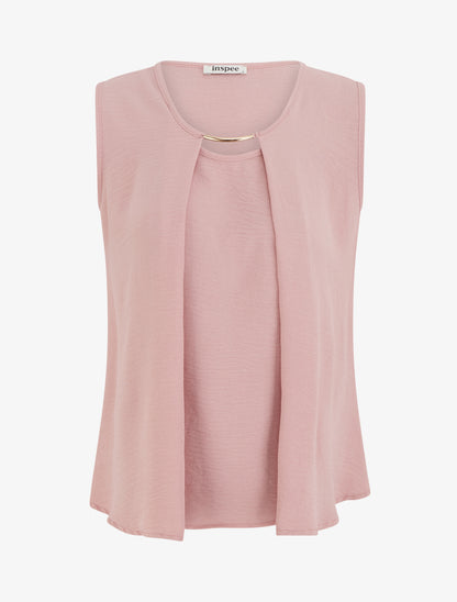 Top droit uni à col rond bijou - Rose - 1