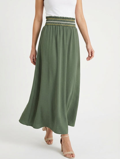 Langer, ausgestellter Rock mit elastischem Bund - Kaki