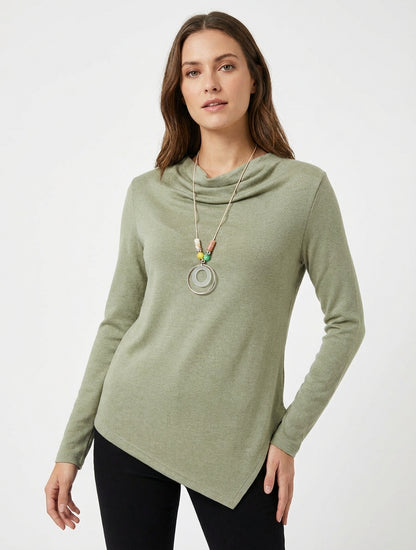 Asymmetrischer Pullover mit Wasserfallausschnitt - Kaki