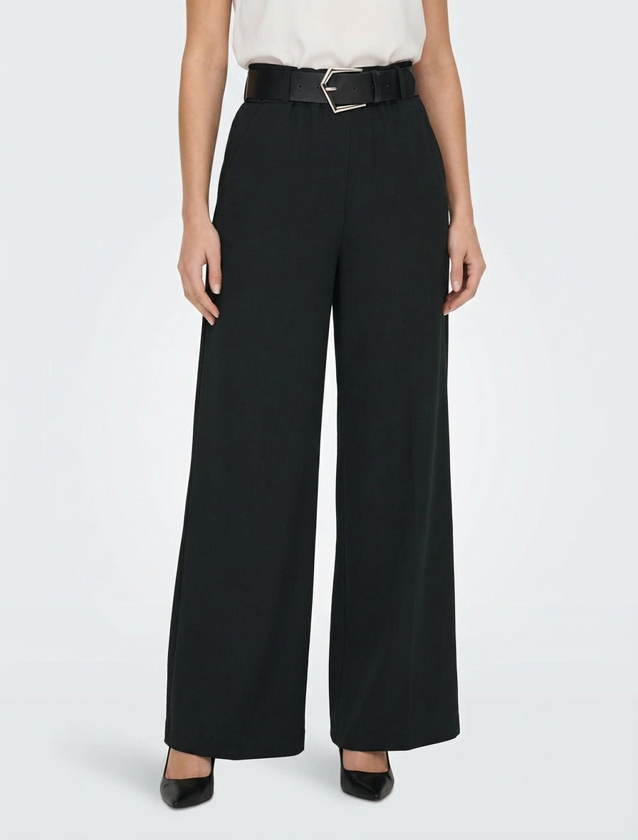 Weite einfarbige Hose mit hoher Taille - Schwarz
