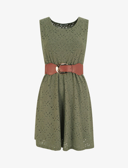 Robe évasée sans manches en broderie anglaise - Kaki - 1