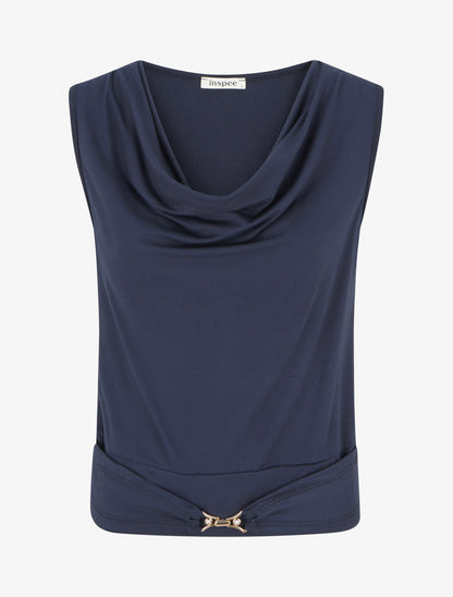 Top uni à empiècement bijou strassé - Marine - 1