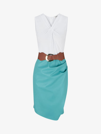 Robe bimatière à col V - Turquoise - 1