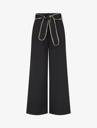 Pantalon ceinturé à détail irisé - Noir - 1