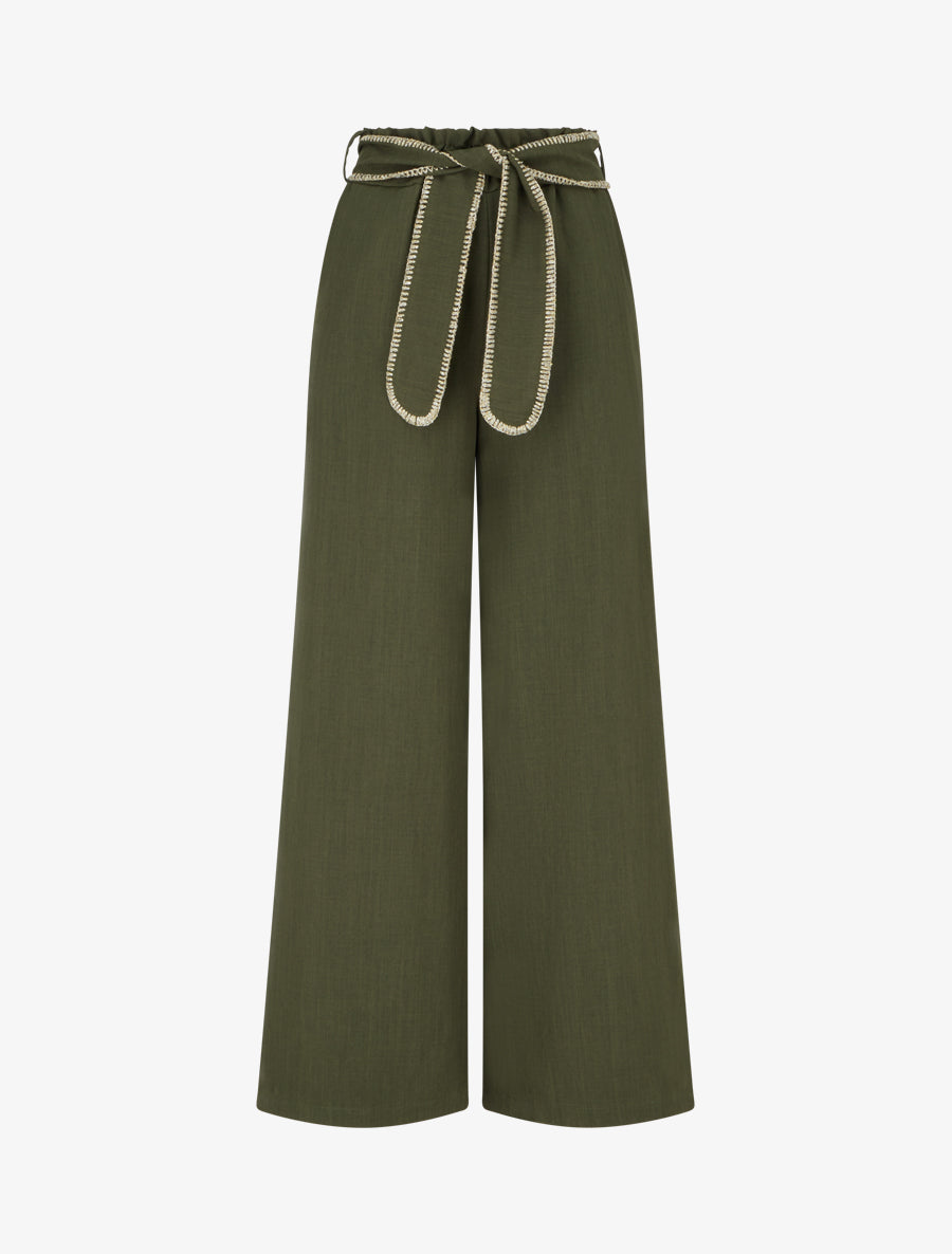 Pantalon ceinturé à détail irisé - Kaki - 1