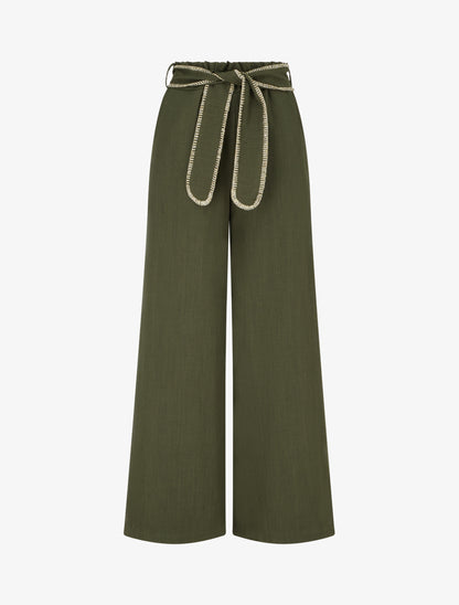 Pantalon ceinturé à détail irisé - Kaki - 1