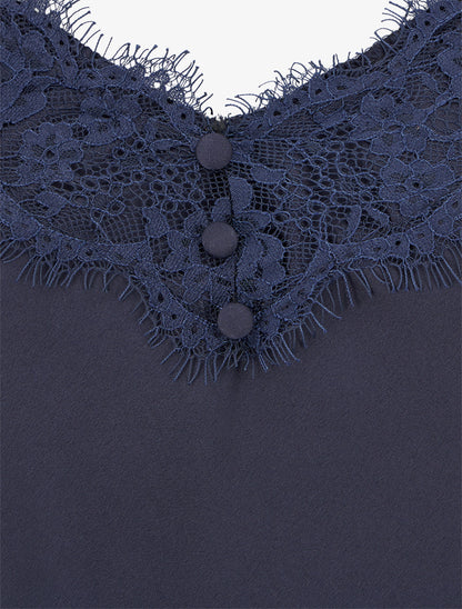 Caraco satiné à détail dentelle - Marine - 3