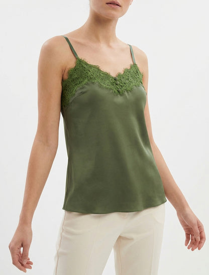 Satin-Camisole mit Spitzenbesatz - Kaki