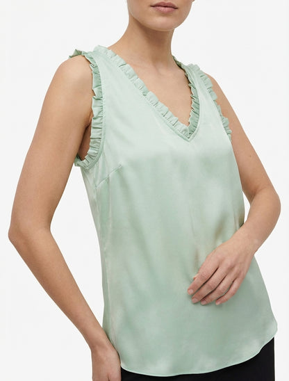 Ärmelloses Satin-Top mit Rüschenkragen - Wassergrün