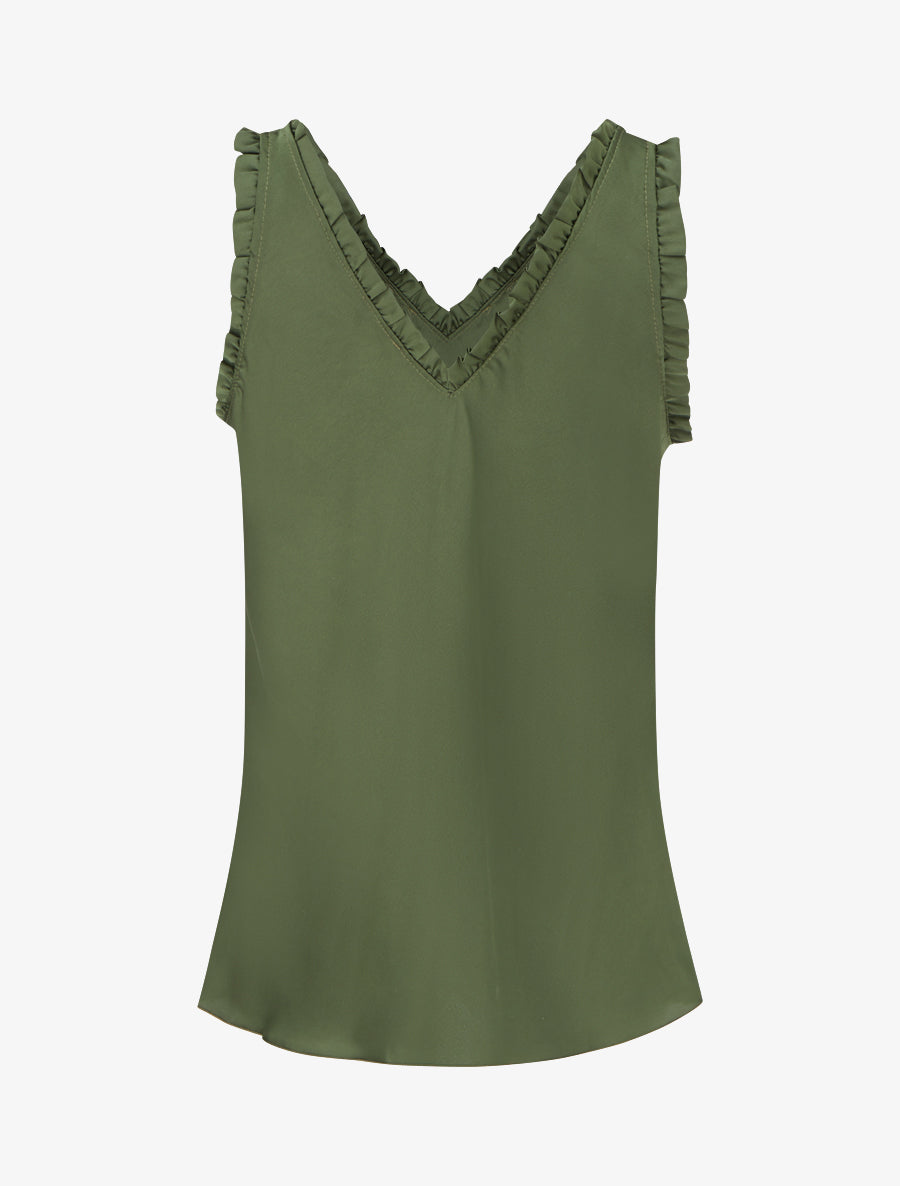 Top satiné sans manches à col volanté - Kaki - 2
