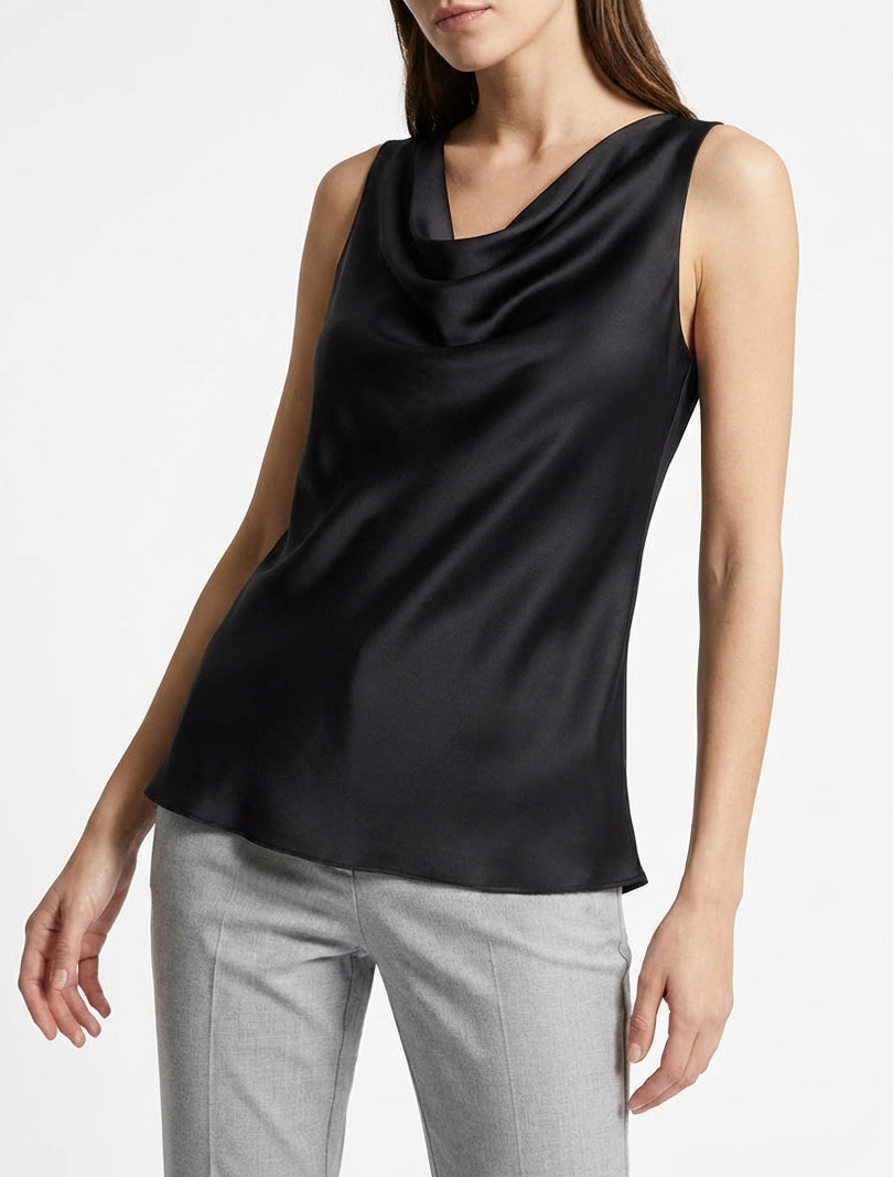 Ärmelloses Satin-Top mit Wasserfallausschnitt - Schwarz