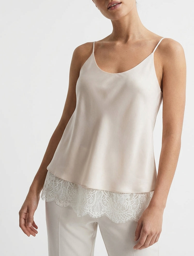 Satin-Camisole mit Spitzenkanten - Hellbeige