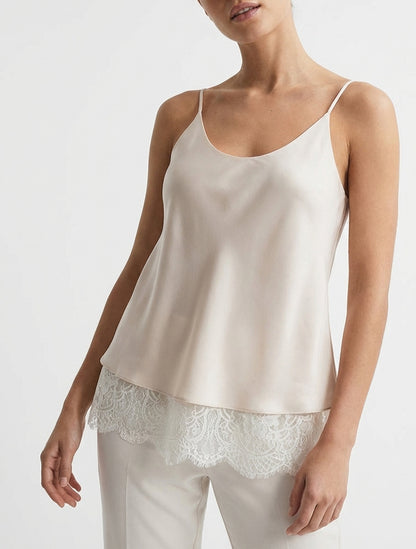 Satin-Camisole mit Spitzenkanten - Hellbeige