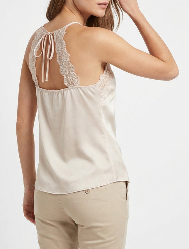 Satin-Camisole mit Spitze und Bändern - Hellbeige