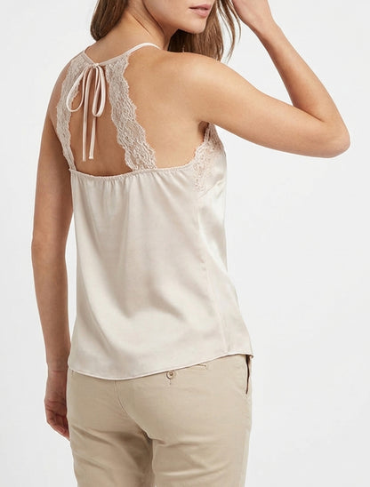 Satin-Camisole mit Spitze und Bändern - Hellbeige