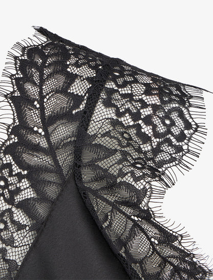 Top satiné à col V en dentelle - Noir - 3