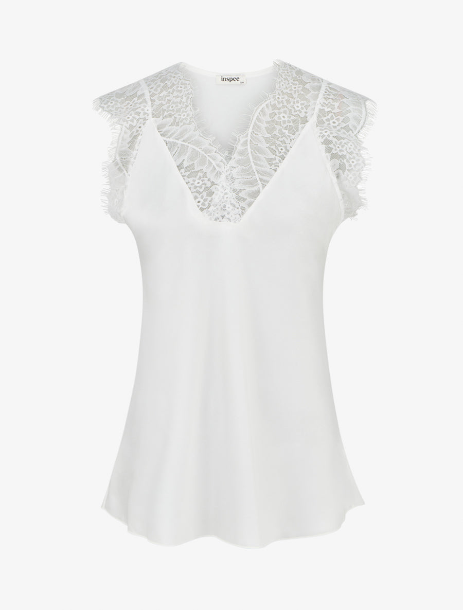 Top satiné à col V en dentelle - Blanc - 1