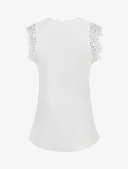 Top satiné à col V en dentelle - Blanc - 2