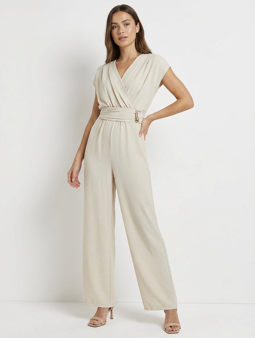 Weite Kombination mit drapiertem Wickelkragen - Beige