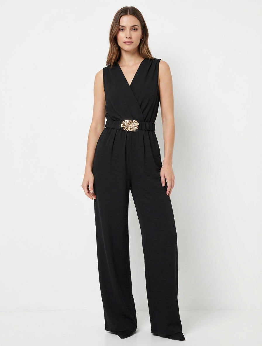 Ärmelloser Overall mit Gürtel - Schwarz