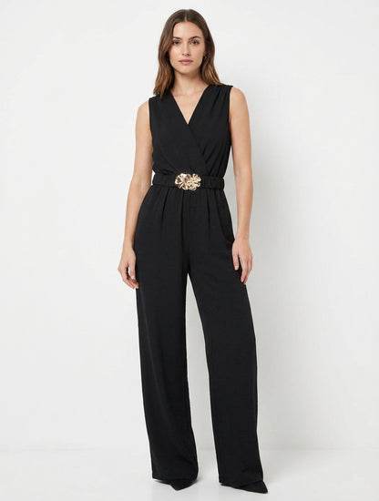 Ärmelloser Overall mit Gürtel - Schwarz