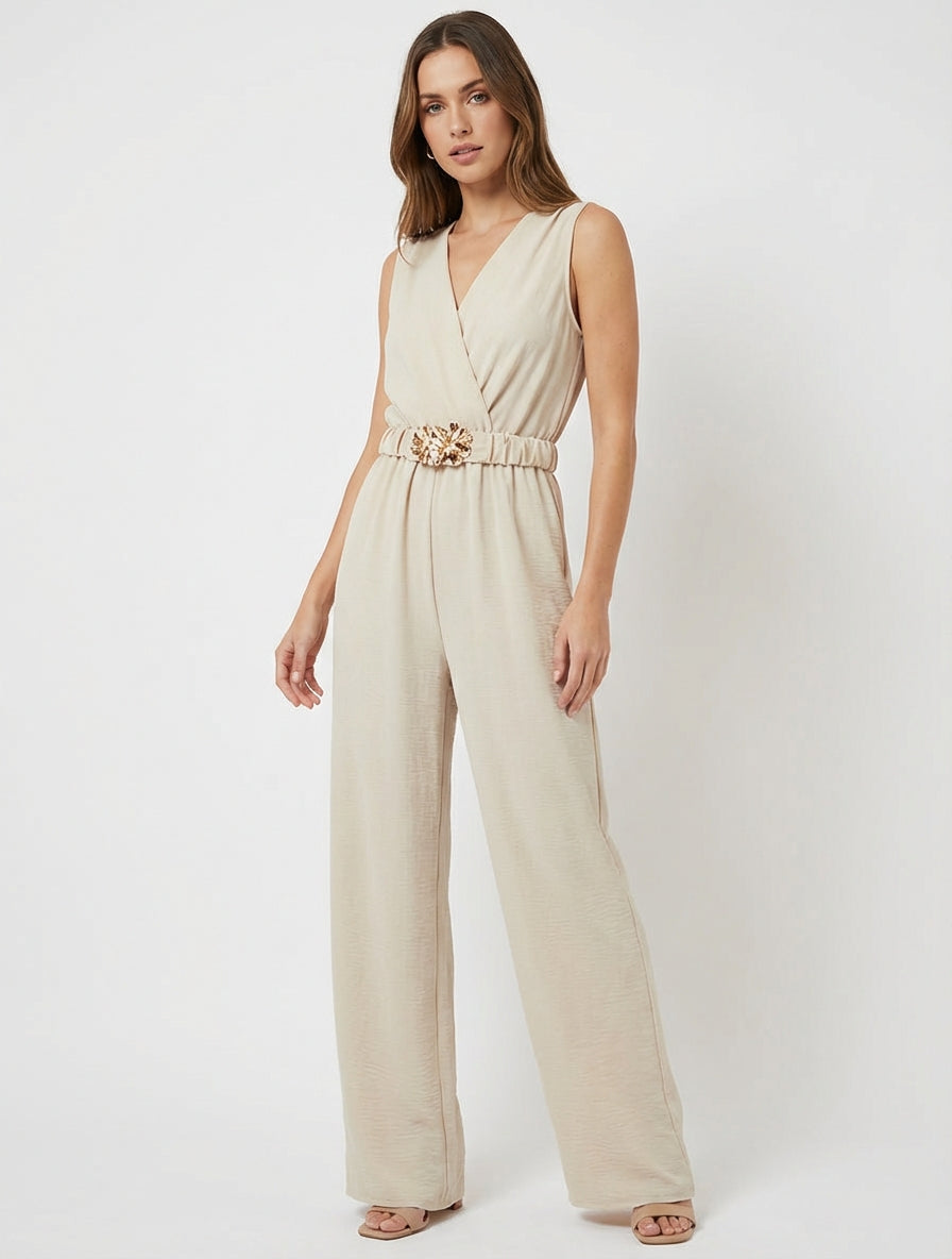 Ärmelloser Overall mit Gürtel - Beige