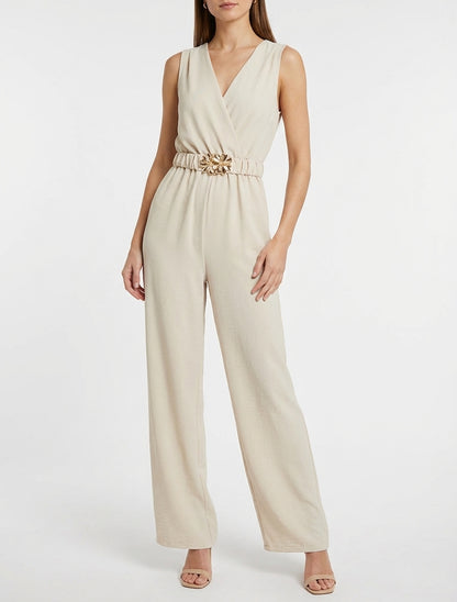 Ärmelloser Overall mit Gürtel - Beige